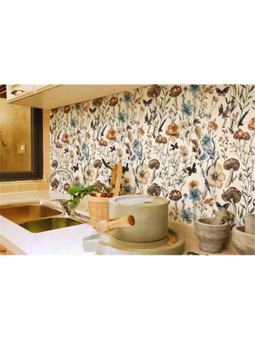Mushroom Forest Peel Stick Wallpaper Boho Vintage Floral Contact Paper Beige